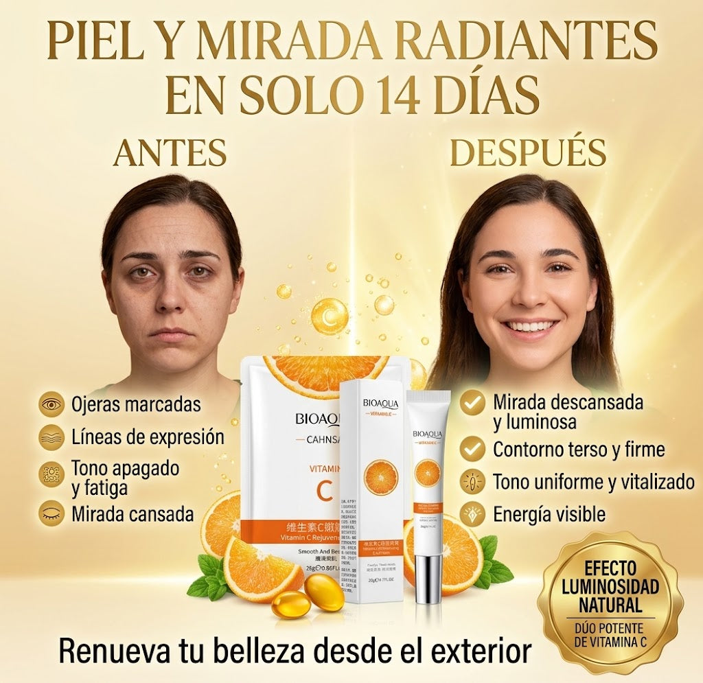 BIOAQUA™ – Dúo Vitamina C: Crema Contorno + Mascarilla Facial para una Piel Más Luminosa y Radiante