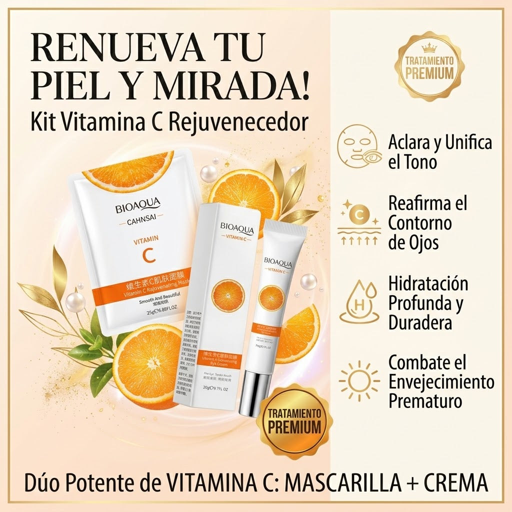 BIOAQUA™ – Dúo Vitamina C: Crema Contorno + Mascarilla Facial para una Piel Más Luminosa y Radiante